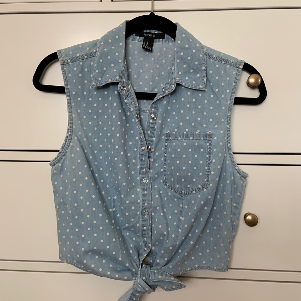 Polka dot chambray button down front tie top